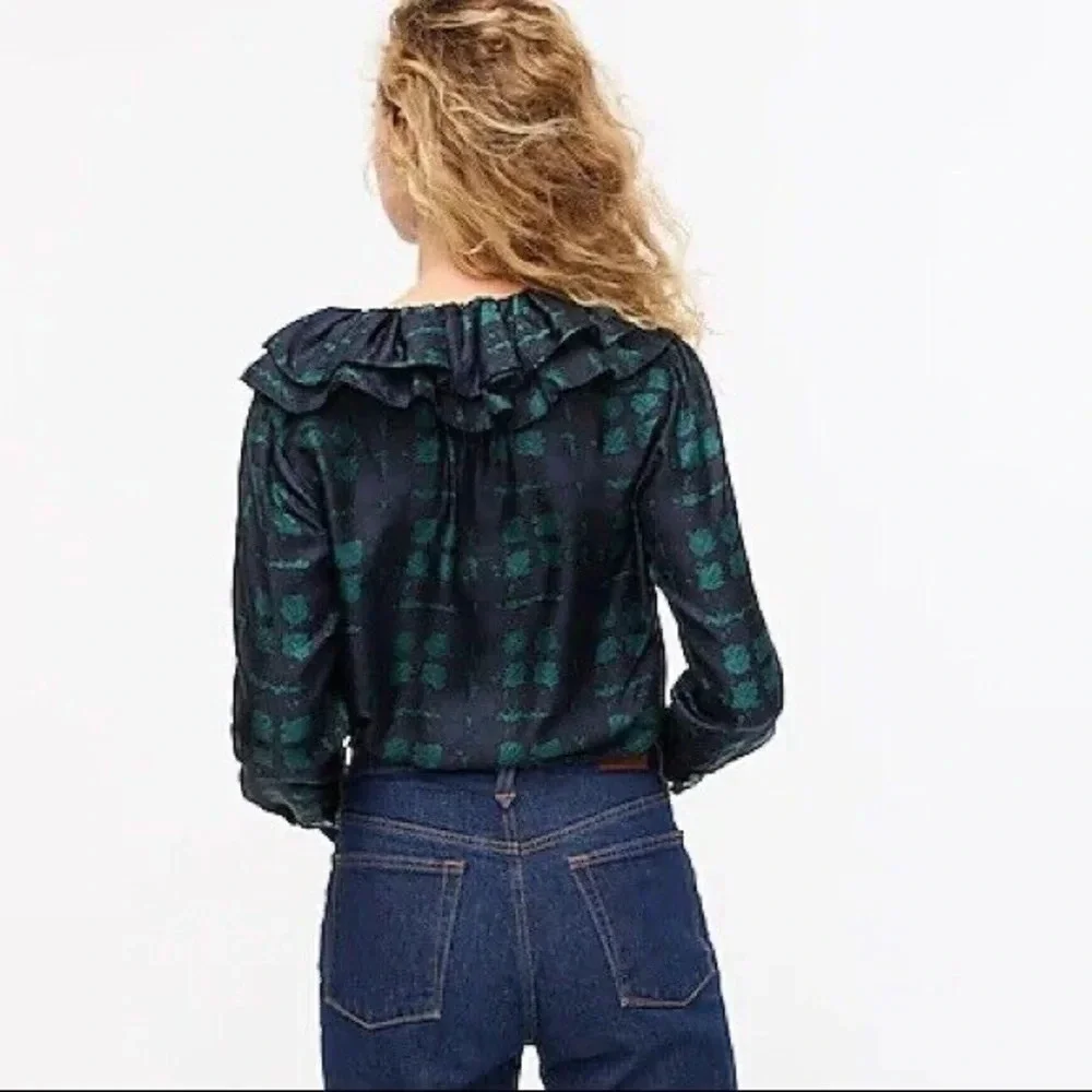 New J. Crew Collection Silk Twill Ruffle-collar Blouse Top Plaid Green Blue NWT